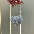 Detail of silver heart-shaped mini lipstick bag with metallic studs and chain strap - Silver Small Beads Style (XS306-4#银-小珠子)