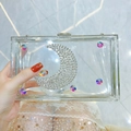 Pochette da sera in acrilico trasparente con motivo a luna in strass e gemme colorate - Argento