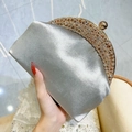 Silver satin evening clutch with gold rhinestone frame and spherical metal clasp - Gray