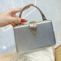 Silver snakeskin clutch bag with gold leaf clasp and crystal handle for evening wear - Silver