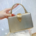 Champagne gold snake pattern clutch bag with leaf lock and crystal handle - Gold
