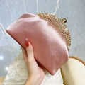 Pink satin evening clutch bag with sparkling rhinestone trim and gold metal frame - Pink