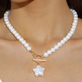 Détail du collier de perles multicouche avec boucle OT dorée et pendentif étoile - Style de Fermoir à Bascule de Pendentif d'Étoile de Perle / Blanc (30512-nek-white)