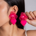 Macro shot of hot pink metal woven flower earrings with white pearls and heart drops - Rose Red Mesh Flower Heart Drop Earrings (28905-rose red)