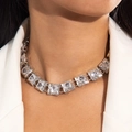Close-up of industrial-style choker with square metal bases and round zircon stones - Square Base With Round Zirconia Style (28502-silver) / Silver
