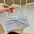 Silver pleated evening clutch bag with pearl handle for elegant wedding party guest - Silver