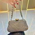Elegante borsa da sera argento con strass di cristallo e manico decorativo - Argento con strass dorati