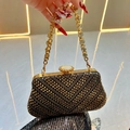 Elegante borsa da sera in velluto nero con strass dorati e catena metallica di lusso - Nero