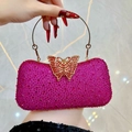 Elegante bolso de noche fucsia con diamantes de imitación rosas y cierre mariposa - Rosa rojo