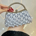 Elegant light blue satin evening clutch bag with sparkling rhinestones and metal handle - Silver