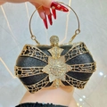 Elegante schwarze Gold-Abendtasche mit Schleife, Straßsteinen und rundem Metallgriff - Schwarz