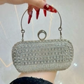 Sparkling silver diamond evening clutch bag with round metal handle for parties - Silver