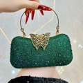 Elegante bolso de noche verde esmeralda con pedrería brillante y cierre de mariposa dorado - Verde