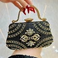 Luxury black evening clutch with gold rhinestones, wave patterns and a crystal flower - Black