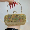 Elegant rectangular evening clutch with multi-colored rhinestones and gold ring handle - Colorful