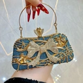 Pochette de soirée bleu marine avec cadre doré et décoration de nœud ornée de cristaux - Bleu clair