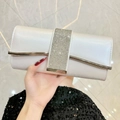 Elegant pearl white clutch bag with rhinestone trim and gold metal bar for evening galas - White