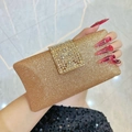 Sparkly gold evening clutch with square rhinestone buckle for banquet and party outfits - Champagne