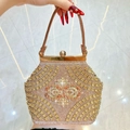 Borsa da sera esagonale color oro champagne con strass e ricami di cristallo lussuosi - Champagne