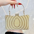 Elegant white pearl and rhinestone evening clutch bag with round gold handle - Gold