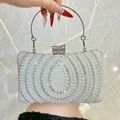 Elegant white pearl and rhinestone evening clutch bag with round silver metal handle - Silver