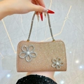 Champagne gold glitter evening bag with rhinestone flowers and pearl accents - Champagne