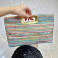 Colorful woven straw clutch bag with vibrant horizontal stripes and gold metal handle - Multicolor-Striped