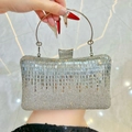 Elegante pochette da sera argento con strass scintillanti e manico rotondo in metallo - Argento