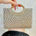 Elegant rhinestone evening clutch with gold circular handle and bicolor crystal pattern - Light Gold