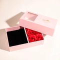 Pink gift box with four red soap roses and jewelry compartment with gold Love print - Exquisite Pink Window Gift Box With Four Soap Roses (LH0002)