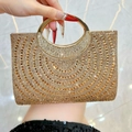 Sparkling gold evening clutch with round metal handle and dense rhinestone embellishments - Deep Gold