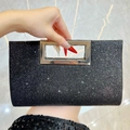 Funkelnde schwarze Pailletten-Abendtasche mit rechteckigem Silber-Metallgriff für Damen - Schwarz