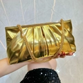 Luxurious gold pleated evening clutch bag with elegant metallic finish and chain strap - Gold