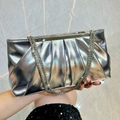 Silver metallic pleated evening clutch bag with detachable chain strap and shimmer finish - Silver