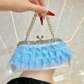 Elegant light blue lace evening bag with pearl handle and rhinestone crystal accents - Blue