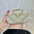 Elegante Damen Abendtasche mit Perlen-Gänseblümchen-Mustern und Goldgriff - Gold