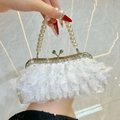 Elegant pearl white lace evening bag with rhinestone trim and pearl top handle - White