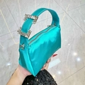 Elegant satin shoulder bag in bright turquoise with crystal buckles and zipper closure - Lake Blue