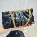 Elegant black pleated evening clutch bag with gold chain strap for luxury party wear - Black