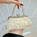 Elegant beige lace evening bag with sequins, faux pearl handle and rhinestone frame - Apricot