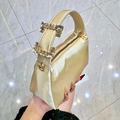 Elegant champagne gold satin evening clutch with sparkling rhinestone-studded handle strap - Gold