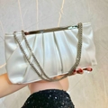 White pearlescent pleated evening clutch bag with elegant silver chain shoulder strap - White