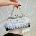 Lace evening handbag with pearl handle and rhinestone metal clasp in black and white - Black+White