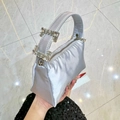 Elegant silver satin evening handbag featuring luxury crystal rhinestone buckle strap - Silver