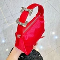 Elegant red satin evening handbag featuring oversized crystal-encrusted rectangle buckles - Burgundy