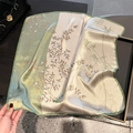 Detail of silk square scarf featuring bird and floral patterns with hand-rolled edges - 53*53cm / Green