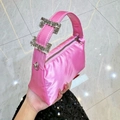 Elegant bright pink satin evening bag with decorative oversized rhinestone buckles - Pink