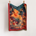 Sciarpa autunnale spessa con motivo fenice blu e peonia, bordo rosso e frange fini - 180*65cm / Blu Notte Fenice Floreale (YH-9-Verde)