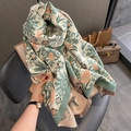 Detail of vintage bohemian floral scarf with soft tassels and thick jacquard texture - Lake Green Rice