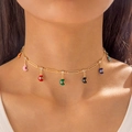 Detail of paperclip chain necklace with colorful evil eye moon charms on a model - Multicolored Moon Evil Eye Necklace (29034-G)